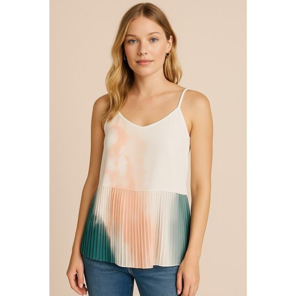 Nine West Pleated Boho Chic Tank Top Women’s Small Watercolor Ombre Blouse Cami - Picture 1 of 10